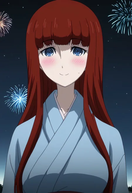 rating_safe, Ultra-high-detailed Anime illustration of Kagari Shiina from Anime Steins;Gate 0. 
The artwork features Kagari in a solo, standing position with a outdoors, flield, and night background. night time. night. stars.
She is depicted with intricate details showcasing her large breasts, natural_breasts. She is a white skinned, 22 years old woman. Kagari is looking_at_viewer with perfect_eyes, Her pupils are highly detailed. The eyes are open. blue eyes. Kagari's eyes are highlighted. Highlighted eyevrows. 
She has long hair, red colored hair, styled in blunt bangs and floating hair.
She is wearing a blue kimono and black shoes. japanese kimono, kimono.
The artistic style is intricate_details_xl with a focus on Anime art. The color palette emphasizes red and black with detailed strokes to bring out the character's features. The lighting creates dramatic shadows and highlights, adding depth to the artwork. The perspective is from a face focus, dutch angle to enhance the impact of the character's expression. This masterpiece is a true portrayal of Kagari's complex personality and will captivate any fan of Kagari. uncensored, upper body, blushing, smile, Kagari Shiina,
perfecteyes,
<lora:Steins_Gate:1>
kimono
happy new year!, Happy New Year golden fireworks, Happy New Years