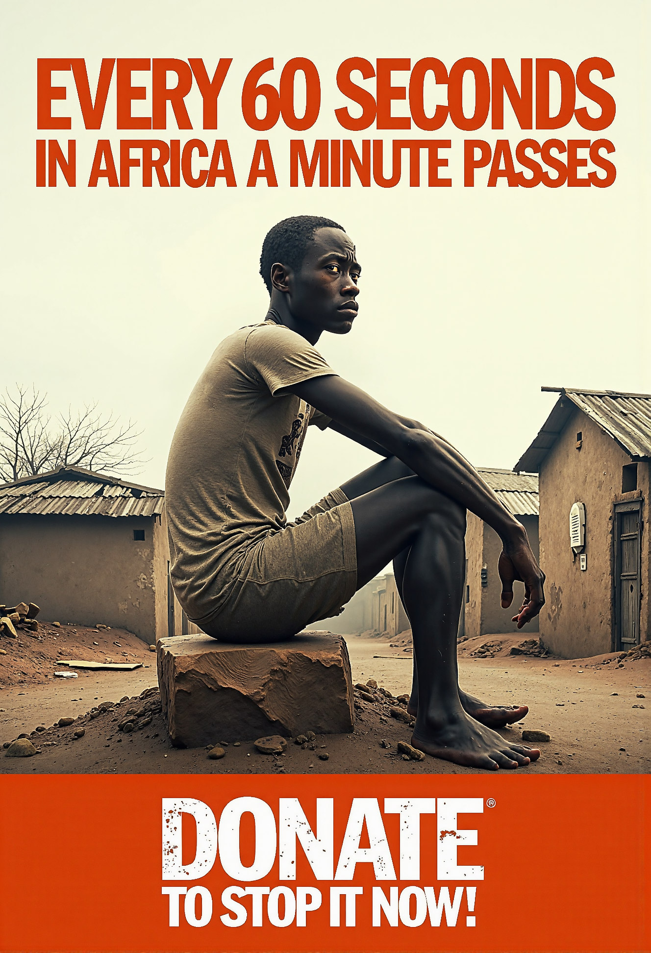 poster: a skinny sad black guy sits on a stone in a poor small village. Text above him in bold letters: "Every 60 seconds in Africa a minute passes". Text under him in bold letters: "Donate to Stop It Now!" <lora:FluxCyberpunkAnimeStyle.safetensors:1.0>,