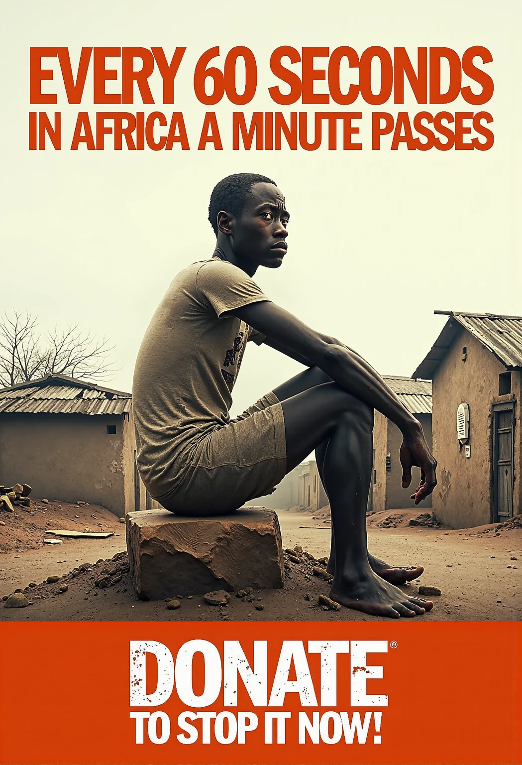 poster: a skinny sad black guy sits on a stone in a poor small village. Text above him in bold letters: "Every 60 seconds in Africa a minute passes". Text under him in bold letters: "Donate to Stop It Now!" <lora:FluxCyberpunkAnimeStyle.safetensors:1.0>,