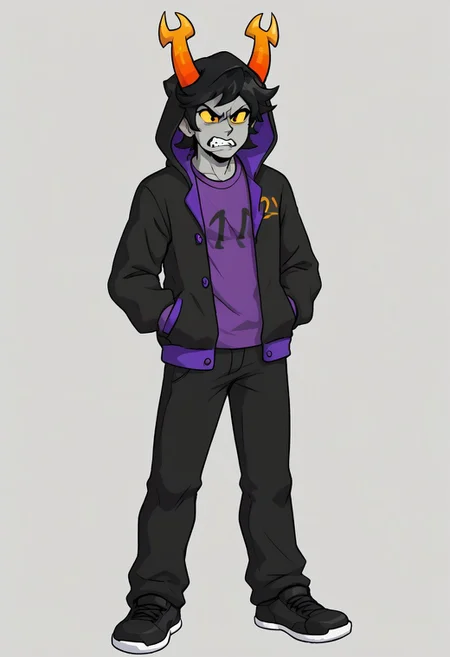 grey skin, 1boy, male focus, yellow sclera, black hair, horns, yellow sclera, solo, hood, hoodie, full body, pants, simple background, jacket, troll, nubhorns, purple shirt, angry, 
BREAK,
three-quarter view,
BREAK,
fnf