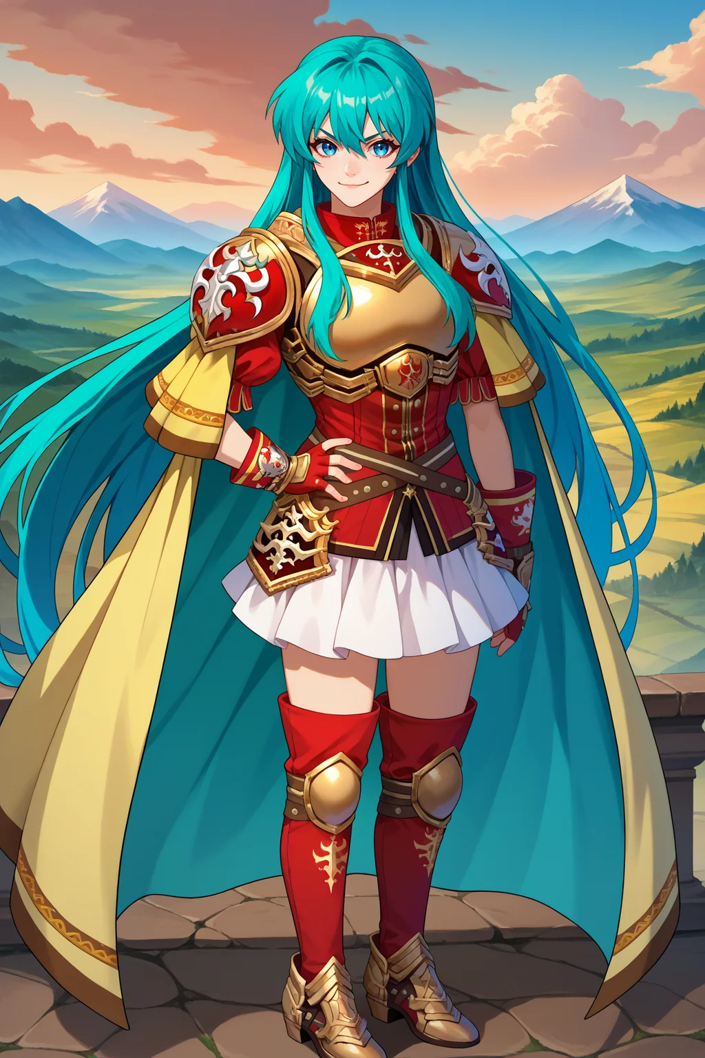 score_9, score_8_up, score_7_up, score_6_up, source_anime, 1girl, solo <lora:defeirika-pdxl-nvwls-v1-000005:1> defEir, cyan hair, long hair, hair between eyes, red shirt, gold trim, gold armor, yellow cape, red gloves, fingerless gloves, brown straps, white skirt, looking at you, smirk, hand on hip, armored boots, thigh boots, full body, hill, blue sky, clouds, mountain