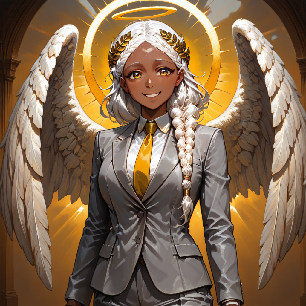 masterpiece, best quality, newest, absurdres, highres, GOTPV1.0, 1girl, dark skin, dark-skinned female, grey suit, suit official attire, official clothes, nectie, yellow necktie, white hair, long hair, braid, single braid, angel, angel girl, halo, wings, angel wings, smile, happy, open eyes, golden eyes, laurel crown,