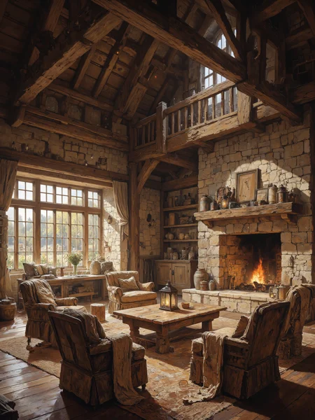Rustic barn interior featuring a cozy seating area with wooden beams and stone walls, plush armchairs around a weathered oak coffee table, vintage lanterns casting a soft, warm glow, earthy-toned textiles draped over chairs, a large woven rug anchoring the space, wooden shelves displaying rustic decor items, natural light streaming through large barn windows enhancing the serene, pastoral atmosphere, fine details in wood grain and stone texture, 8k resolution, masterpiece, intricate craftsmanship, inviting and warm ambiance. <lora:CPA:0.3> <lora:Memadukan_Brush_Strokes_of_Fineart:0.3> <lora:FLUX-daubrez-DB4RZ:0.5> <lora:aidmaMJ6.1-FLUX-v0.4:0.7> <lora:sxz-Dark-Fantasy-v2-Flux:0.8> <lora:flux_dev:1>
