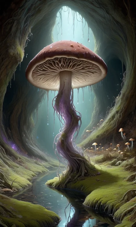 (((in the style of Brian Froud painting))), A living mushroom cap, a velvety, earthen-brown dome, speckled with phosphorescent lichen, occupies the upper right corner of the image, its gentle curve echoing the contours of the cavern ceiling. Below, centered in the composition, a plump, pearlescent body, reminiscent of a polished river stone, rests delicately on a bed of luminous moss that carpets the cavern floor. Two large, multifaceted eyes, like shimmering amethysts, gaze upwards from beneath the cap, reflecting the soft glow of the cavern ceiling, positioned in the upper left quadrant. Delicate, root-like tendrils extend downwards from the base of the creature, anchoring it to the moss and reaching towards a pool of crystalline water in the lower left corner. The background, a network of glowing fungal threads and crystalline formations that stretches across the entire right side of the image, creates a mesmerizing tapestry of light and texture. The overall scene evokes a feeling of serene beauty and the interconnectedness of life within this hidden grotto, a testament to the wonders that thrive in darkness
 <lora:tiny_people-000018:1>
