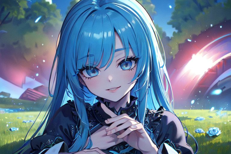 (masterpiece:1.4), 4K8K, (anime style), (high shutterspeed:1.4), (sharp edges), 
SyFyEye1, FanFo, 
1woman  hands togather,  leaning foward, face focus, smile, closed mouth, 
wearing Celtic style dress, (Detailed face, Detailed eyes, Detailed lips), (solo), 
blue hair, any colored roses, Fantastic, grass firld,