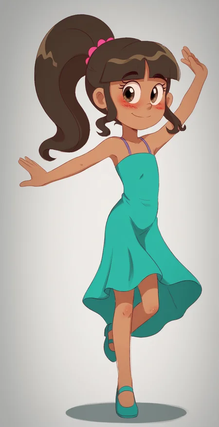 ((score_9)), score_8_up, score_7_up, ((masterpiece)), ((high quality)), zPDXL3, BREAK
Padoga style, 1girl, dress, looking at viewer, blushing, dancing, dark-skinned female, high ponytail, short torso, cute, school prom<lora:Padoga_style:1>