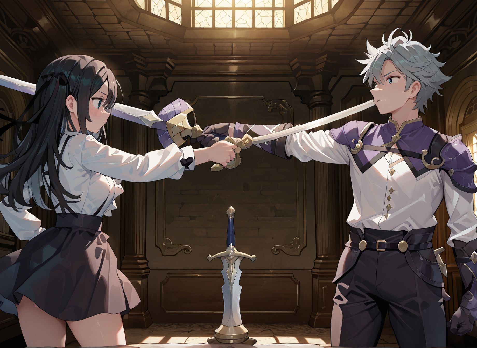masterpiece,best quality,amazing quality,very aesthetic,absurdres,newest, huge filesize,
<lora:spo_sdxl_10ep_4k-data_lora_webui:0.5>,anime coloring, anime screenshot, flat color, 
<lora:add-detail-xl:0.8>
1boy, hetero, 
1girl, mexican standoff, [pointing:open hand:0.5],<lora:mexican_standoff_il_2_d16:0.8>
holeing weapon, sword,hammer,
<lora:girumasu:1>girumasuV1,
BREAK
skirt,
long hair,shirt,
white shirt,
black skirt,black hair,
g_alina,
BREAK
g_jade,
grey hair male,weapon,
gloves,sword,