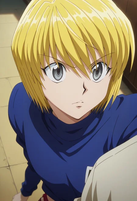 masterpiece, best quality, , anime screencap, , , , , 1boy, solo, male focus, <lora:kurapika_hxh_ilxl:0.98>, kurapika_hxh, blonde hair, grey eyes, short hair, bangs, hair between eyes, , , Ombre Indigo Utility joggers, Turtleneck sweater, High-top sneakers, ,