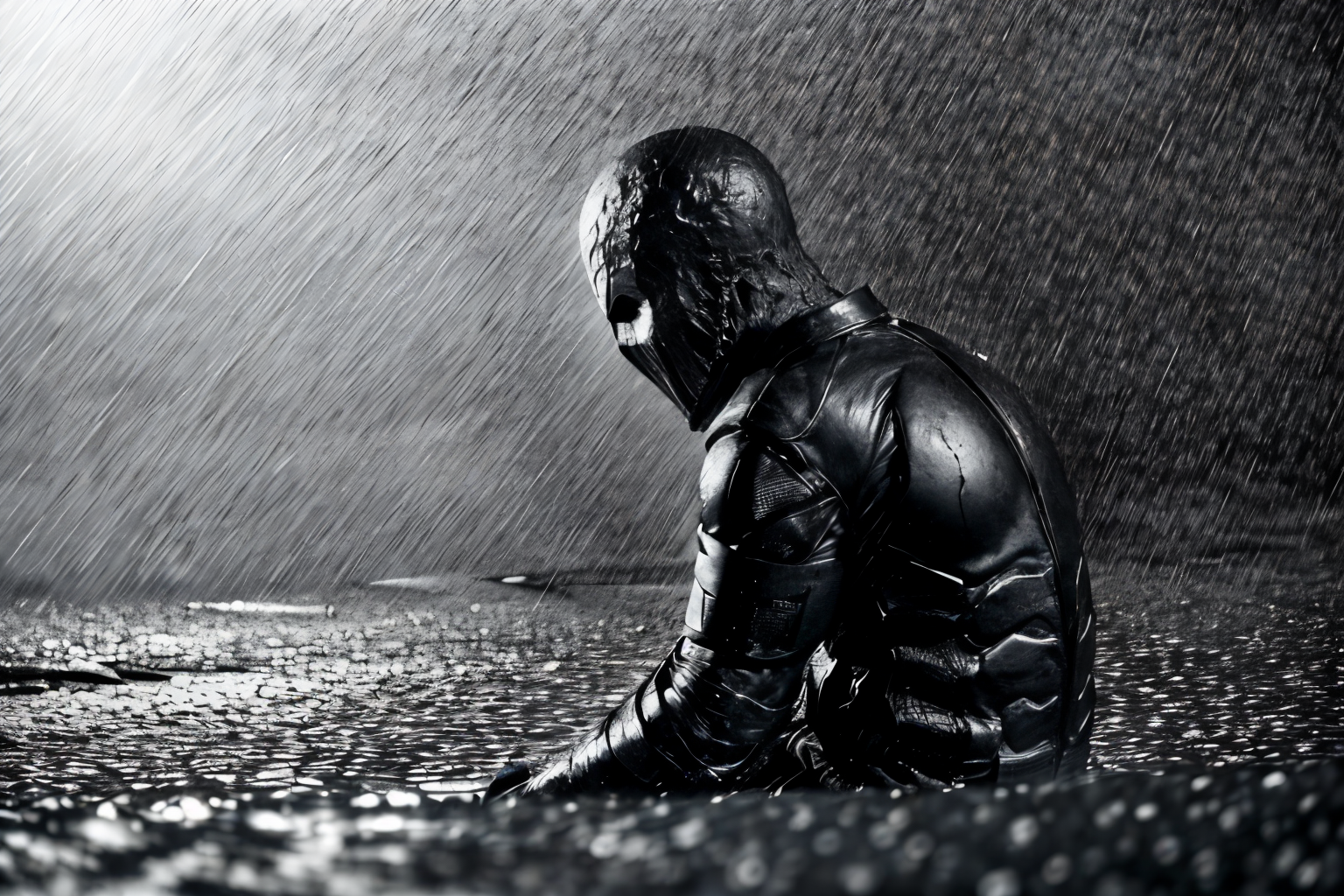 (Realisitc:1.5) edobrendel, man, horns, sitting, rain, full armor, rain, horns, greyscale, debris, faceless, fire, <lora:EdobRendel_v1.0:0.8>