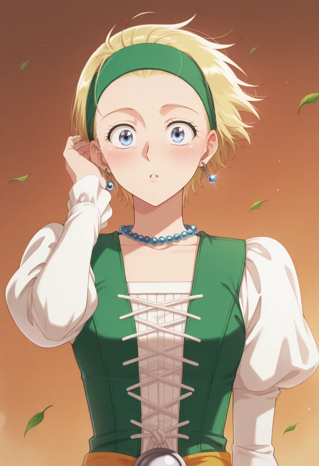 anime screencap, anime coloring, <lora:DX888Serena:1> serena, blue eyes, blonde hair,short hair, hair slicked back BRAEK green hairband, earrings, dress, juliet sleeves, bead necklace, BREAK simple background, brown background, mosaic background, BREAK 1girl, blush, falling leaves, hand in own hair, leaf, parted lips, solo, upper body, wide-eyed, wind, floating hair,