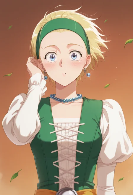 anime screencap, anime coloring,  <lora:DX888Serena:1> serena, blue eyes, blonde hair,short hair, hair slicked back BRAEK green hairband, earrings, dress, juliet sleeves, bead necklace, BREAK simple background,   brown background, mosaic background, BREAK   1girl, blush, falling leaves, hand in own hair, leaf, parted lips, solo, upper body, wide-eyed, wind, floating hair,