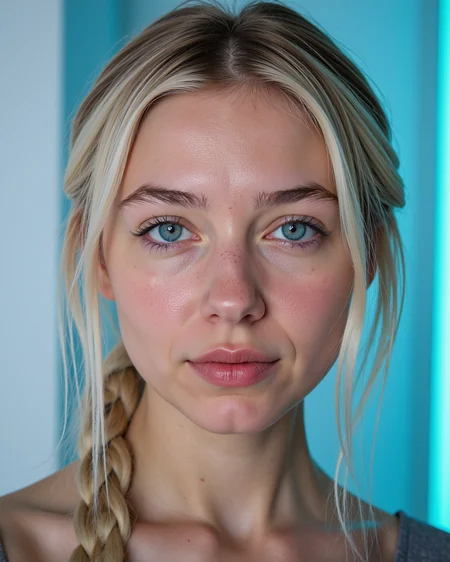"close-up of a young woman with striking white hair styled in an intricate braid, with very light freckles, textured skin and bright blue eyes, neon background"