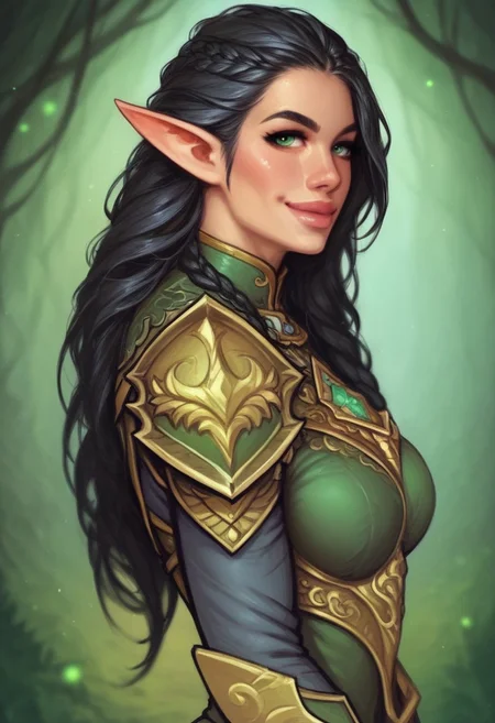1girl, (((side view))), from front, 1girl, illustration, comic style, highly detailed, skinny, model body, looking at viewer, 1girl, masterpiece, best quality, naestra, solo, pointy ears, black hair, long hair, elf, 1girl, green eyes, half face mask, <lora:Naestra:1.3>, (((dynamic pose)))
BREAK
(((Warhammer Fantasy Battle style)))
((Elven gold Lamellar armor)), green clothes, ((((elven sword in hand)))), dynamic pose, ready to fight
BREAK
slight smile, looking at viewer
long hair, black hair, big hair, green eyes
best quality, depth of field, bokeh, (((full clothed))), dynamic pose
BREAK
(wild forest:1.2) score_9, score_8_up, score_7_up, score_6_up, source_cartoon, rating_explicit, Expressiveh, ((((upper body))))), dynamic pose, dynamic pose