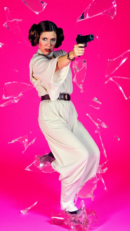 <lora:Carrie_Fisher_Flux:1.2> A dynamic, high-energy scene captures Carrie Fisher as Princess Leia Organa holding a blaster from starwars pointed at viewer in a fierce pose, mid-action as she bursts through a shattered glass surface, shards flying in all directions. Perfect hands. The background is a solid, vivid HotPink, creating a stark, intense contrast with the sharp, reflective fragments of glass. She's a young woman with fair skin and brown hair styled in two large, round buns, dressed in her iconic white, floor-length gown, which features a high neck and long, flowing sleeves. Her body is marked with small cuts from the glass, droplets of blood glistening under the light. Her expression is one of pure fury, his eyes locked onto the viewer as if they are the target of her rage. Her pose is explosive, one leg extended forward as if sheâs leaping through the air, his arms raised defensively or ready to strike. The glass shards around him are frozen in mid-air, their jagged edges catching the light and creating a chaotic, almost surreal effect. The HotPink background amplifies the intensity of the moment, evoking a sense of danger and raw emotion. The atmosphere is charged with adrenaline, the aftermath of his violent breakthrough palpable in every detail. The image feels as if itâs happening directly in front of the viewer, Carrie Fisher as Princess Leia Organaâs momentum and the flying glass creating a sense of immediacy and immersion. Itâs a moment of chaos and power, a snapshot of rage and determination frozen in time. The combination of the HotPink backdrop, the sharp glass, and Carrie Fisher as Princess Leia Organaâs fierce expression makes for a visually striking and emotionally charged composition. She goes forward, driven by duty and the promise of glory.