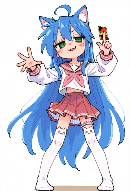 <lora:SDXL\Illustrious\ai_styles_collection_noob_vpred-1.0-v4.02.safetensors:1.0:1.0> <lora:SDXL\Illustrious\ComfyUI_itercomp_00001_.safetensors:1.0:1.0> <lora:SDXL\Illustrious\[illustrious] Hatsune Miku - Mimukauwa Nice Try v1 (MikuMasterRace).safetensors:0.8:1.0>hmmnt,izumi konata, very long hair, blue hair, single mole under eye,animal ear legwear, cat ear leagwear, white thighhighs, no shoes, smirk, uno (game), card, holding card,bridal garter, single strap,skirt, shirt, long_sleeves, school_uniform, green_eyes,serafuku,red_neckerchief,red_sailor_collar, BREAK firedotinc,very awa,masterpiece, best quality, amazing quality, very aesthetic, absurdres, newest