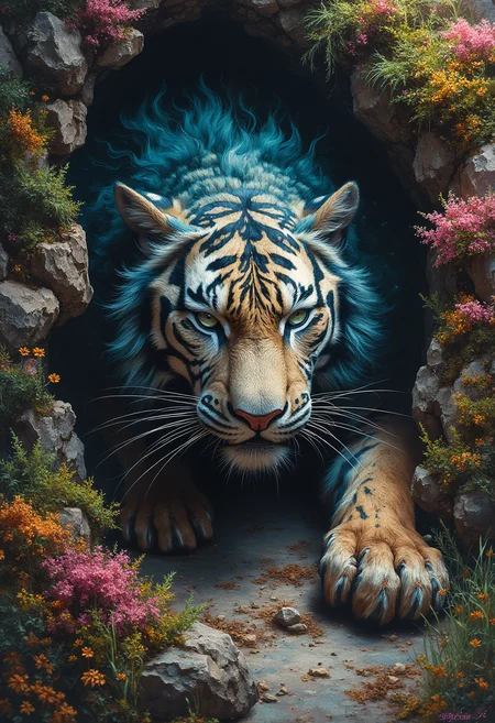 An elemental Tiger made of rock, dirt and moss, lies waiting behind a bush, Vibrant Glow