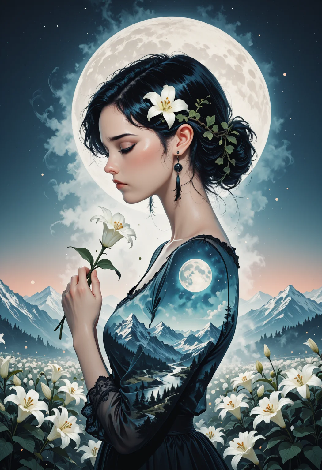 cinematic , bokeh , dramatic,, Limited_Palette, (minimalism:1.2), girl ,silhouette , lily flower , (smell a flower) , vine , poetic , dramatic , sad ,
jeddbleil, ((double exposure)), blending, earrings, moon ,
, remenbering , mother , mountain , held a flower , delicate hand ,
