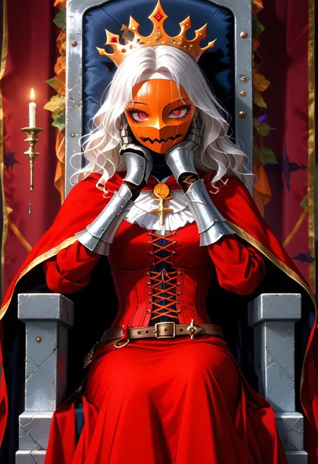 (masterpiece, best quality, absurdness, 4k, aesthetic, detailed, intricate, perfect lighting) cinematic angle, 1sologirl, sitting on throne, elbow rest, castle interior, cape, TWIN belt, armor, cloak, red gloves gauntlets, bkcrown, red eyes, white haired anime girl, with wavy hair, pale skin, On her face she had a pumpkin mask, orange porcelain pumpkin mask, full mask cover face, dressed in a medieval corset, with black medieval clothing, anime style. Conjure up some magic capturing the Halloween spirit.