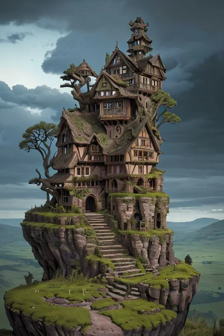 goblin's face, made of ancient weathered rock, tall grass, moss, trees, roots, half-timbered houses and stone staircases on the rock, winding upwards, against the sky with clouds, hyperealistic, surrealism, complex concept art, atmospheric, cinematic, very attractive and fabulous