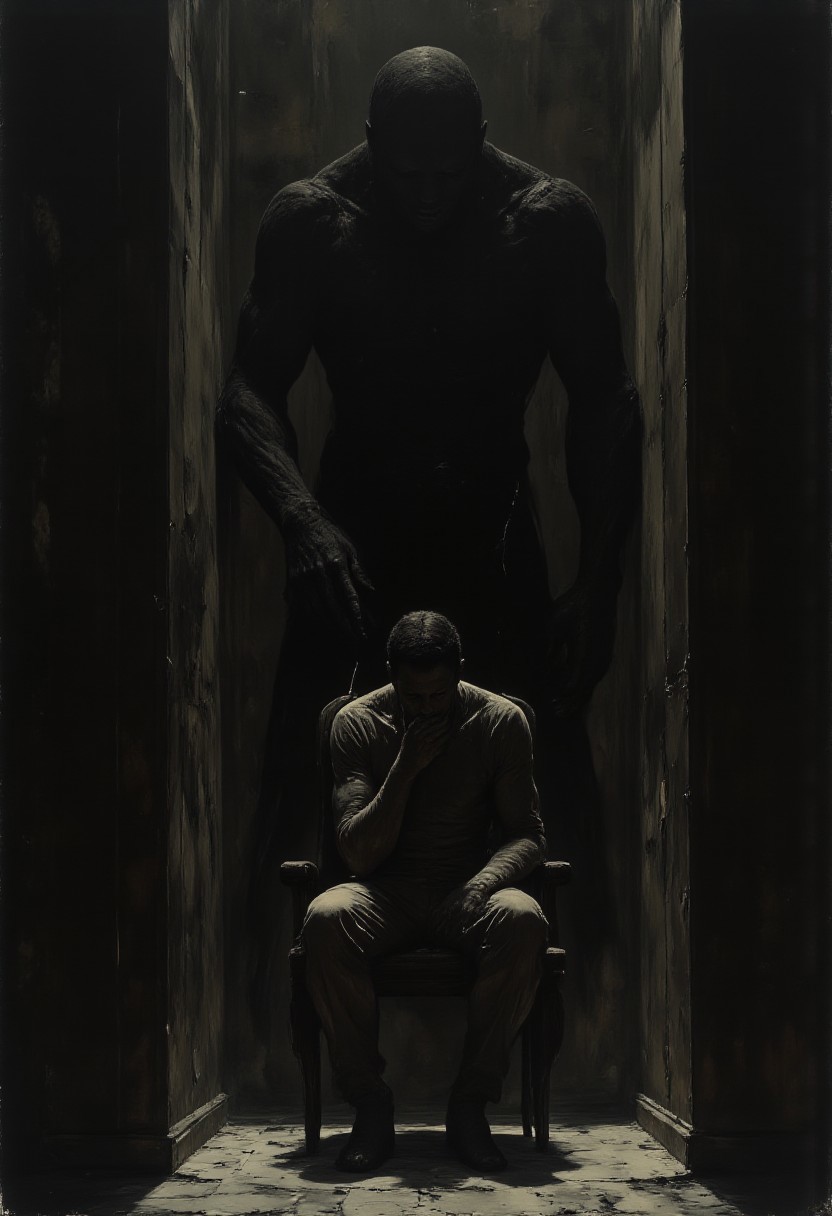 An oil painting of a man's silhouette sitting in a chair in a dark room. Parallel to the camera. His face is in his hands. A large dark shadow of a monster with a long tounge stands behind him grabbing his shoulders. 
The painting is a representation of depression