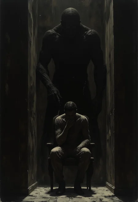 An oil painting of a man's silhouette sitting in a chair in a dark room. Parallel to the camera. His face is in his hands. A large dark shadow of a monster with a long tounge stands behind him grabbing his shoulders.
The painting is a representation of depression