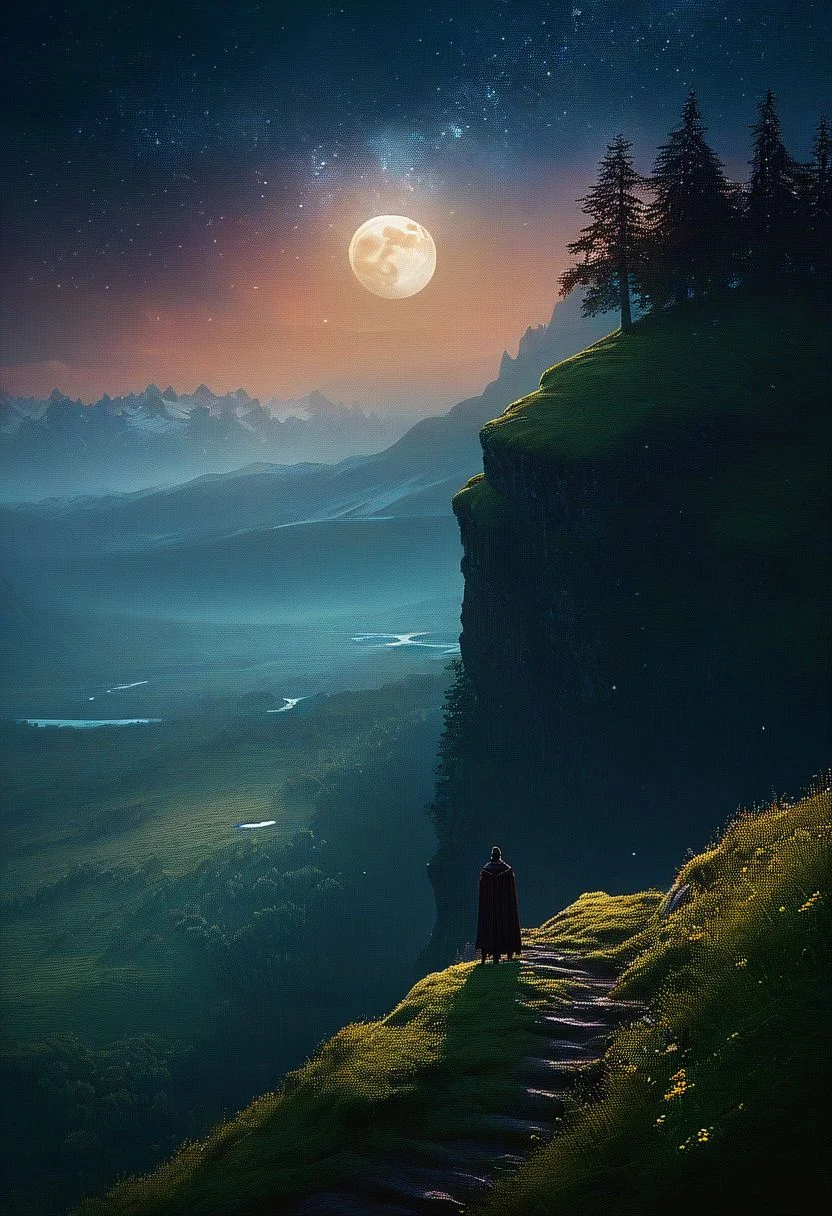 Hyper realistic artwork Capture the essence of mystical landscape a person standing on top of a cliff, trending on Artstation, nagash editorial, dark atmosphere pinterest, an arcane wizard casting a spell, dan mumford.
In a land where time danced to the whispers of ancient trees and castles, there existed a meadow bathed in morning dew. Wildflowers, their petals delicate as dreams, adorned the grassy canvas. Beyond this mystical haven, snow-capped peaks kissed the stary night sky, gigantic moon promising a new day filled with wonder and adventure. dark Photography, a landscape , darkness, bokeh blur background, award winning, photo-art, , Canon DSLR, Backlight, Artstation, Photography, stvmccrr style,
,( lighting, dark palette, highly professional, dramatic lighting, extremely beautiful:1.6), ((intricate details, masterpiece, best quality:1.6)),
, Vibrant, dynamic, highly detailed, reminiscent , , dynamic pose
in the style of Mikko Lagerstedt
8 k octane render, concept art | rutkowski, ghostly necromancer, fantasy card game art