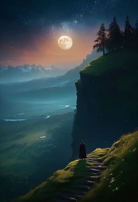 Hyper realistic artwork Capture the essence of mystical landscape a person standing on top of a cliff, trending on Artstation, nagash editorial, dark atmosphere pinterest, an arcane wizard casting a spell, dan mumford.
In a land where time danced to the whispers of ancient trees and castles, there existed a meadow bathed in morning dew. Wildflowers, their petals delicate as dreams, adorned the grassy canvas. Beyond this mystical haven, snow-capped peaks kissed the stary night sky, gigantic moon promising a new day filled with wonder and adventure.  dark Photography, a landscape , darkness, bokeh blur background, award winning, photo-art, , Canon DSLR, Backlight, Artstation, Photography, stvmccrr style,  
,( lighting, dark palette, highly professional, dramatic lighting, extremely beautiful:1.6), ((intricate details, masterpiece, best quality:1.6)),
, Vibrant, dynamic,  highly detailed, reminiscent ,  , dynamic pose
 in the style of Mikko Lagerstedt
 8 k octane render, concept art | rutkowski, ghostly necromancer, fantasy card game art