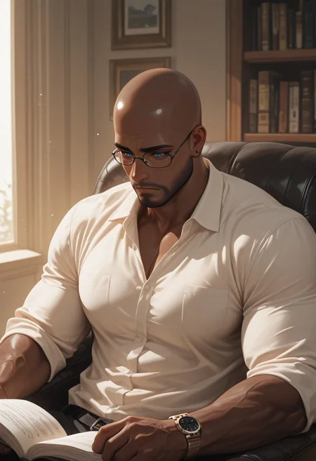 masterpiece, best quality, amazing quality, absurdres, newest, detailed background, definition so sharp, Ultra-HD, 8K cinematic, very awa, impressionate, amazing quality, highres,
1boy, mbti_estj, muscular man, mature man, bald, dark skin, facial hair, blue eyes, watch, solo, cozy study, soft light, leather armchair, bookshelf, contemplation, reading, glasses, warm tones, natural light, elegant, tranquil, thoughtful expression, high quality, depth of field