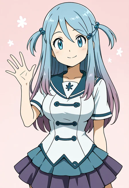 masterpiece, best quality, solo, curvy, beautiful eyes, large breasts, aged up, narrow waist, wide hips, 1girl, solo, smile, looking at viewer, zzLazuli, blue eyes, hair between eyes, blue hair, gradient hair, hair bobbles, hair ornament, long hair, multicolored hair, two side up, school uniform, serafuku, sailor collar, blue skirt, pleated skirt, short sleeves, ,<lora:LazuliByKurumiErika_IXL:1.0>, one hand raised, waving, standing pose, cowboy shot, smile, looking at viewer,