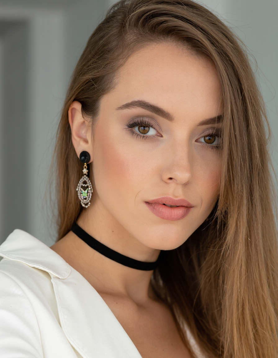 The reflective surfaces of her earrings and outfit create a dynamic interplay with the environment, emphasizing her sleek presence. The minimalist background allows the viewer to focus on her eye-catching fashion and makeup. Captured with a Sony A7R IV camera and a 50mm f/1.2 G Master lens for a beauty editorial shoot, this composition highlights her fashion-forward aesthetic. Inspired by avant-garde fashion photography from Sølve Sundsbø, this image blends contemporary fashion and minimalist elegance, embodying mythp0rt and niji_flux styles for a sleek, high-fashion vision. ((portrait))