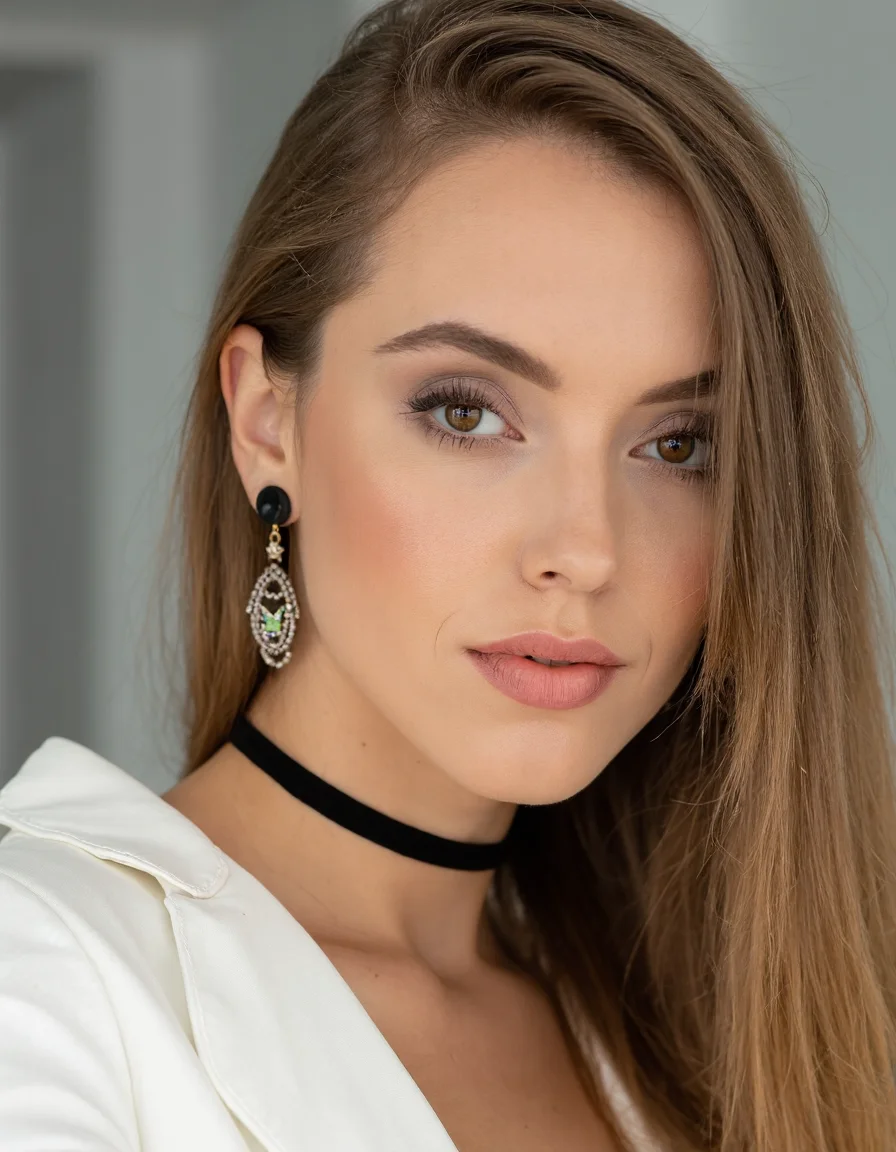 The reflective surfaces of her earrings and outfit create a dynamic interplay with the environment, emphasizing her sleek presence. The minimalist background allows the viewer to focus on her eye-catching fashion and makeup. Captured with a Sony A7R IV camera and a 50mm f/1.2 G Master lens for a beauty editorial shoot, this composition highlights her fashion-forward aesthetic. Inspired by avant-garde fashion photography from Sølve Sundsbø, this image blends contemporary fashion and minimalist elegance, embodying mythp0rt and niji_flux styles for a sleek, high-fashion vision. ((portrait))