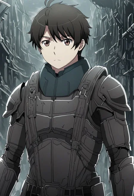 high resolution, solo, best quality, 1Boy, Inaho Kaizuka, Black Hair, Brown Eyes, dystopia, serious looking, armor, fantasy, OverallDetail