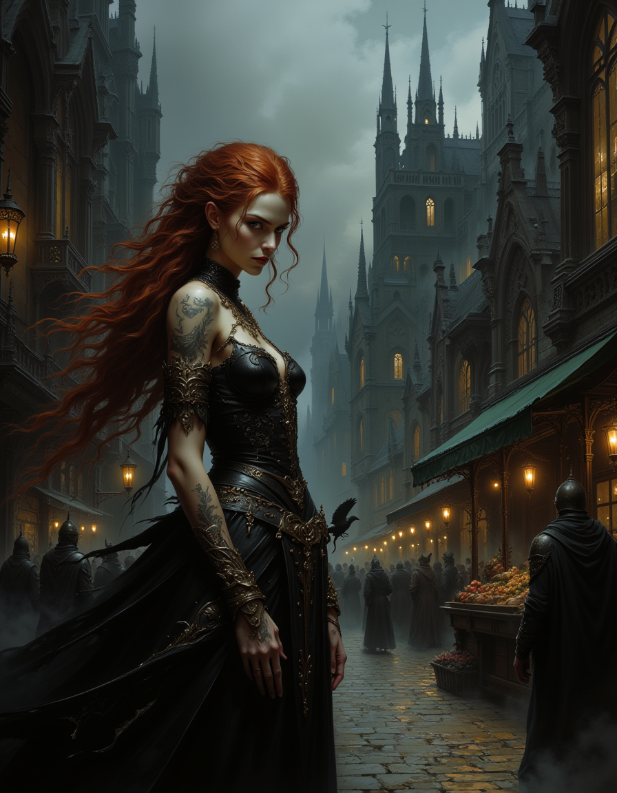 In the heart of a medieval town, a bustling marketplace unfolds under a gloomy, overcast sky, steeped in a dark Gothic atmosphere. Narrow cobblestone streets wind between towering, gothic-style buildings with pointed arches, intricate stone carvings, and tall, looming spires that cast long shadows over the scene. Market stalls line the square, selling everything from darkly colored fabrics to strange, arcane trinkets, with vendors cloaked in tattered robes. Amidst the crowd, a young female witch stands out, her scarlet, messy Dutch-braided hair contrasting sharply with her pale, tattooed skin. Her wide, blue eyes are framed by heavy black eyeliner, and her lips are painted a deep red, giving her a sinister, gothic allure. She wears a black, gothic Bliaut with bare shoulders, revealing intricate tattoos, and her bare feet silently tread the cold cobblestone. Rings adorn her fingers, and a dark necklace rests against her collarbone, while her long, pointed nose and slim face add to her eerie presence. Her expression is threatening, exuding power as she scans the marketplace with a cold, calculating gaze. The flickering lanterns, thick fog, and ravens circling above complete the haunting, gothic scene. (high-resolution, dark, atmospheric, gothic, medieval, eerie).
3th33r34l <lora:ethereal-grace:0.5>,  <lora:flux.1_lora_flyway_Epic-detail_v2:0.8>âââ