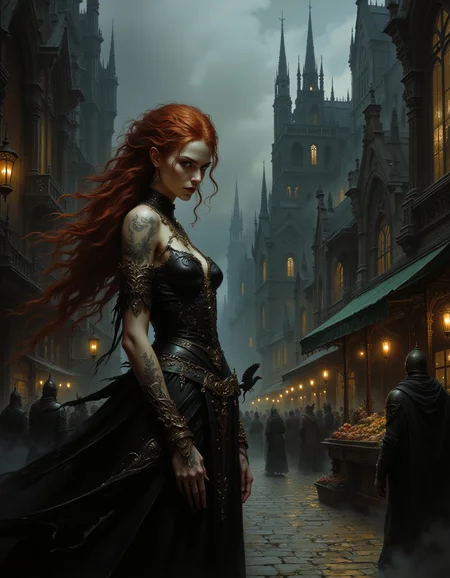 In the heart of a medieval town, a bustling marketplace unfolds under a gloomy, overcast sky, steeped in a dark Gothic atmosphere. Narrow cobblestone streets wind between towering, gothic-style buildings with pointed arches, intricate stone carvings, and tall, looming spires that cast long shadows over the scene. Market stalls line the square, selling everything from darkly colored fabrics to strange, arcane trinkets, with vendors cloaked in tattered robes. Amidst the crowd, a young female witch stands out, her scarlet, messy Dutch-braided hair contrasting sharply with her pale, tattooed skin. Her wide, blue eyes are framed by heavy black eyeliner, and her lips are painted a deep red, giving her a sinister, gothic allure. She wears a black, gothic Bliaut with bare shoulders, revealing intricate tattoos, and her bare feet silently tread the cold cobblestone. Rings adorn her fingers, and a dark necklace rests against her collarbone, while her long, pointed nose and slim face add to her eerie presence. Her expression is threatening, exuding power as she scans the marketplace with a cold, calculating gaze. The flickering lanterns, thick fog, and ravens circling above complete the haunting, gothic scene. (high-resolution, dark, atmospheric, gothic, medieval, eerie).
3th33r34l <lora:ethereal-grace:0.5>,  <lora:flux.1_lora_flyway_Epic-detail_v2:0.8>âââ