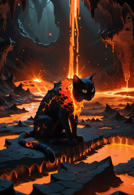 score_9, score_8_up, score_7_up, score_6_up, score_5_up, score_4_up, Break, Cat entirely made from fire and lava, fire elemental, magical, cavern, dark, mystical, Cinematic lighting, Textured and detailed cavern floor and walls