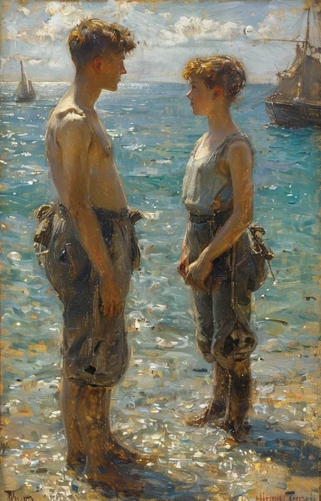 masterpiece,best quality,<lora:tbh239-sdxl:0.9>,illustration,style of Henry Scott Tuke portrait of Housework robots