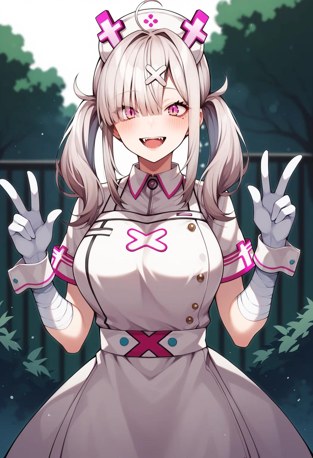 score_9, score_8_up, score_7_up, source_anime, aakana, long hair, twintails, ahoge, hat, nurse cap, x hair ornament, mole under eye, eyes visible through hair, blush, fangs, large breasts, nurse, white dress, short sleeves, bandaged arm, wrist cuffs, white gloves, white apron, <lora:sukoya_kana_xl_pony_v1:0.8>, peace sign, outdoors, smile,