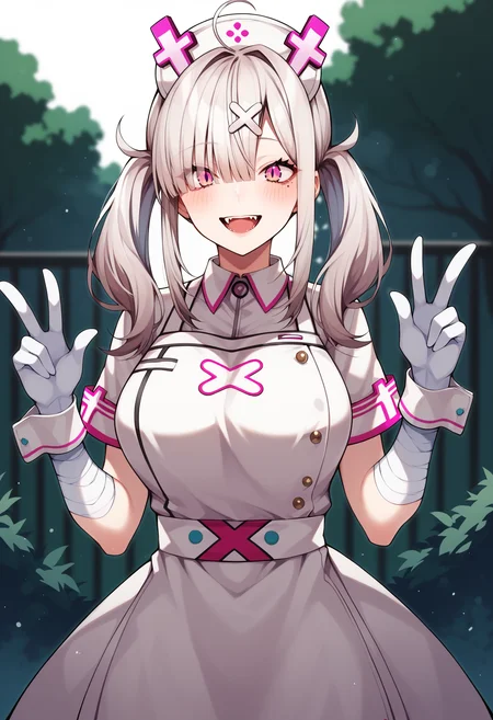 score_9, score_8_up, score_7_up, source_anime, aakana, long hair, twintails, ahoge, hat, nurse cap, x hair ornament, mole under eye, eyes visible through hair, blush, fangs, large breasts, nurse, white dress, short sleeves, bandaged arm, wrist cuffs, white gloves, white apron, <lora:sukoya_kana_xl_pony_v1:0.8>, peace sign, outdoors, smile,