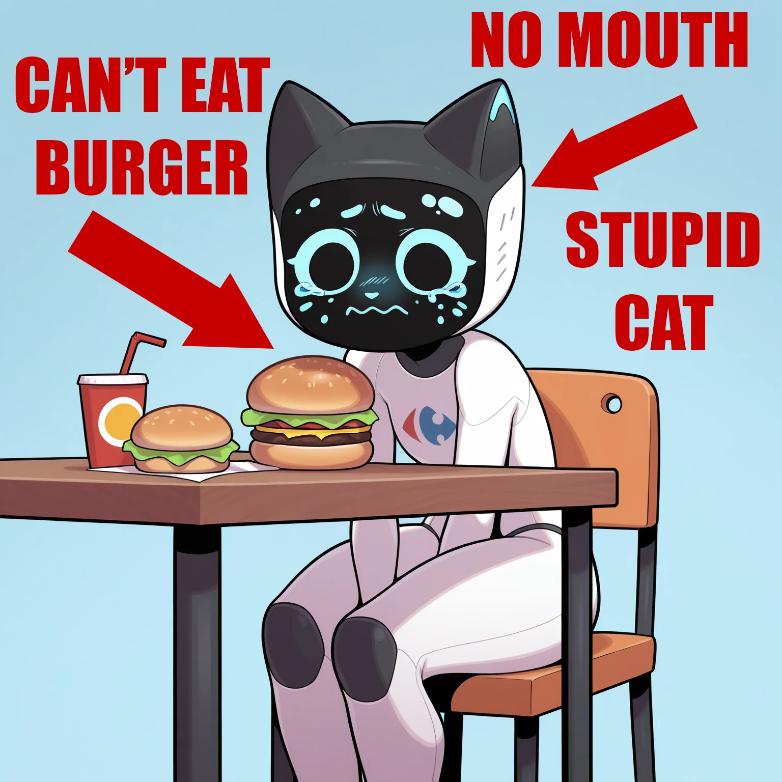 <lora:Kerfus-Illustrious:1> kefus, solo, sitting, table, burger, sad, cute, crying, masterpiece, best quality, amazing quality