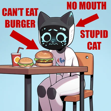 <lora:Kerfus-Illustrious:1> kefus, solo, sitting, table, burger, sad, cute, crying, masterpiece, best quality, amazing quality