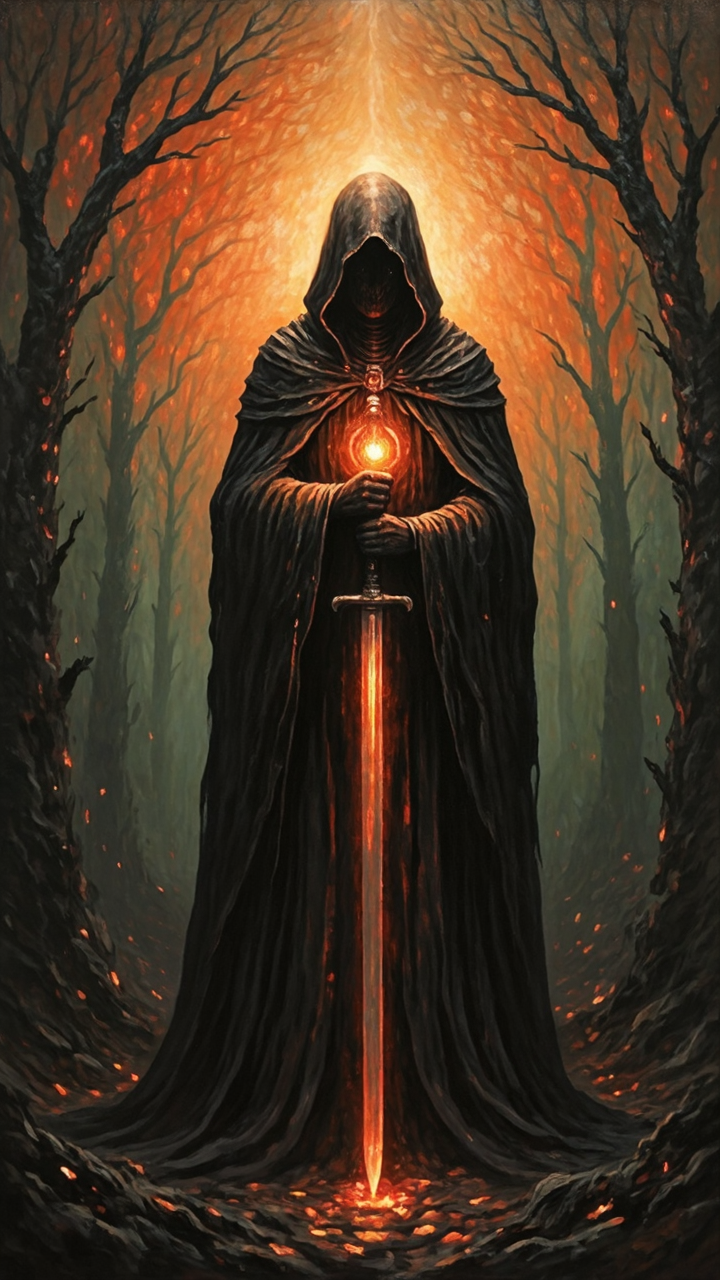 a mysterious figure standing in the center of the frame, positioned directly in front of the viewer, the figure is dressed in a dark hooded cloak, with the hood covering their face and the cloak flowing down their back, they are holding a large, glowing object in their hands, which appears to be a staff, the object is emitting a bright, orange light that emanates from behind the figure, creating a dramatic effect, the background is a dark, swirling pattern with a fiery orange hue, adding to the sense of power and mystery, the overall atmosphere is dark and foreboding, drawing the viewer's attention to the figure's enigmatic presence, A detailed oil painting of a dark figure in a hooded cloak, holding a sword, standing in a dark forest. The figure's head is obscured by a vibrant orange glow, while the background is a dark green, with a hint of orange and red, creating a sense of mystery and mystery.