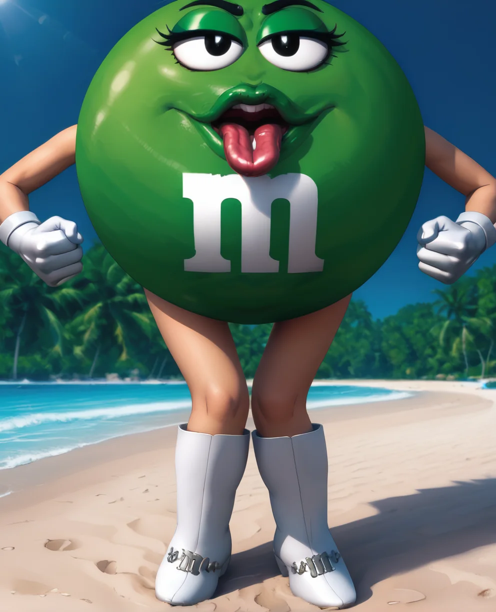 msgreen,white gloves,black eyes,m,clenched hands,wide mouth,
standing,white boots,green eyeshadow,open mouth,tongue out,fat tongue,
beach resort,morning, from below,
<lora:MsGreen:1>,