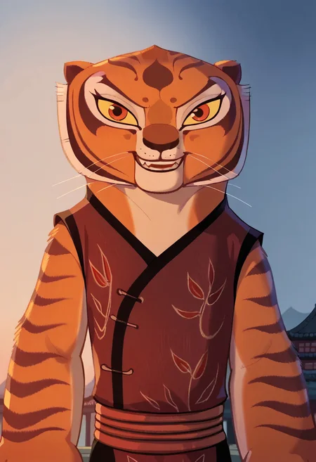 kfp2d, kung fu panda style, solo, 1girl, master tigress, score_9, score_8_up, score_7_up, score_6_up, score_5_up, score_4_up, source_furry, hi res, sfw. 2D artwork.
furry, tomboy, flat chested, tiger, feline, fangs, clothed, red T-shirt., sharp teeth.
portrait, looking at viewer, smile, half-closed eyes.
smile, temple, sky, clouds, detailed background, at night, moonlight, Expressiveh