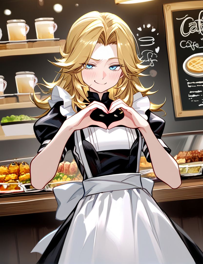 blonde hair, blue eyes, long hair, 
maid,
cowboy shot, blush, smug, heart hands, 
cafe, cowboy shot, food display,
masterpiece, best quality, very awa
<lora:invisiblewoman:1>
