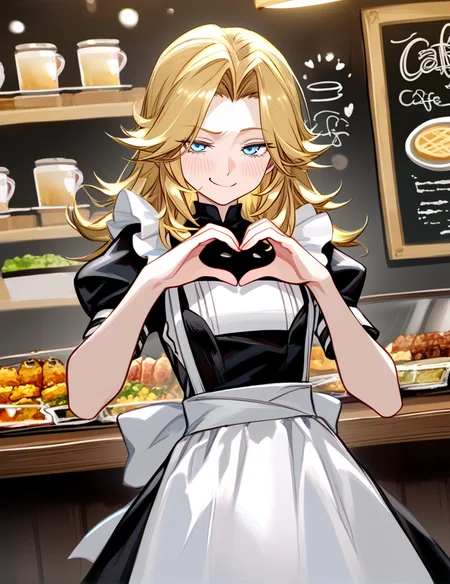 blonde hair, blue eyes, long hair,
maid,
cowboy shot, blush, smug, heart hands,
cafe, cowboy shot, food display,
masterpiece, best quality, very awa
<lora:invisiblewoman:1>