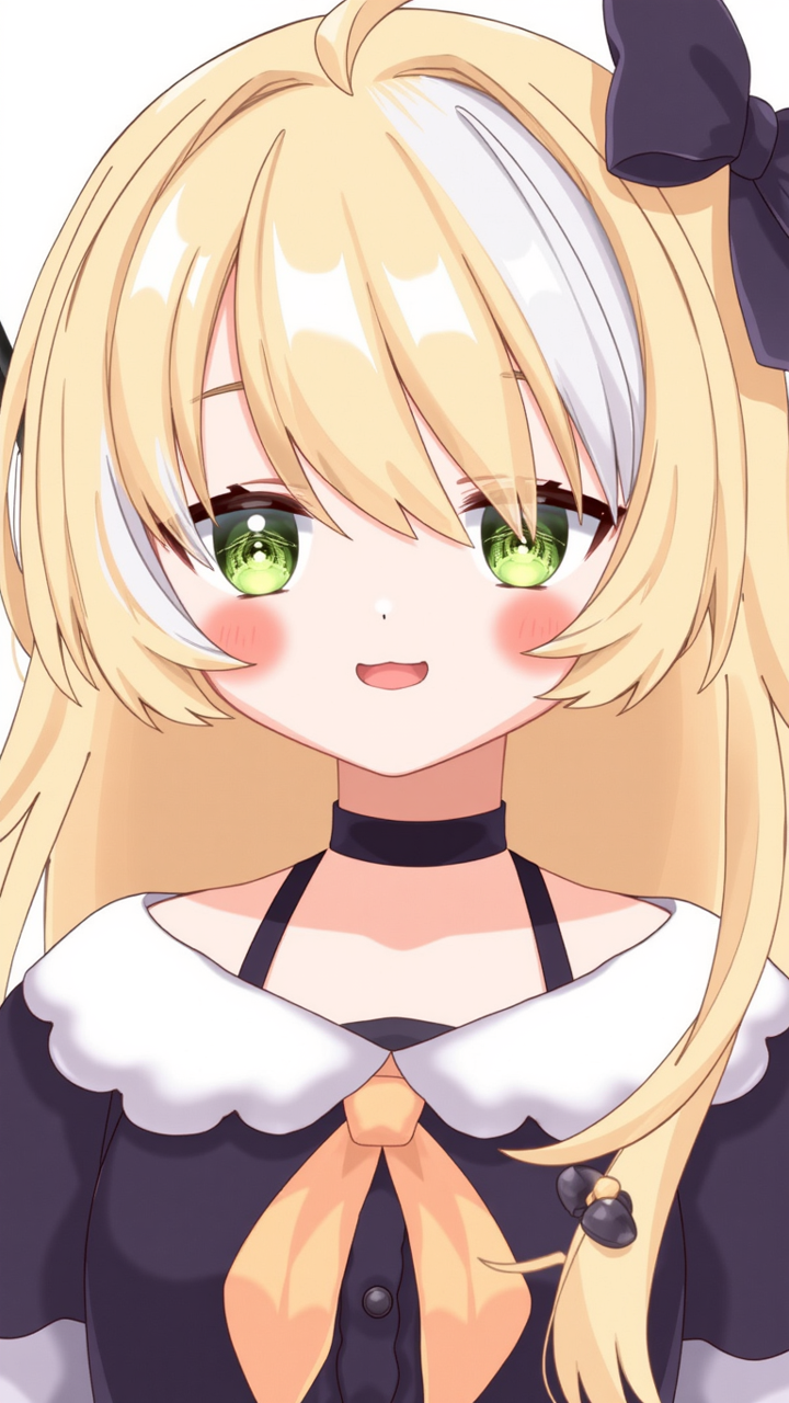 inis, blonde hair, green eyes, long hair, smile, streaked hair, headband,
portrait, 