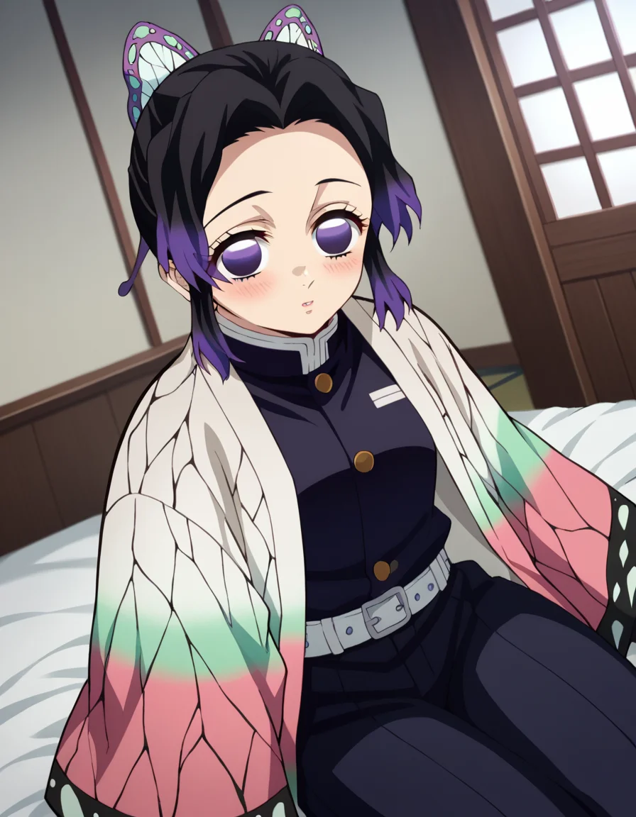 score_9, score_8_up, score_7_up, source_anime,
shinobukochou, <lora:shinobu-kochou-anime-ponyxl-lora-nochekaiser:1>,
shinobu kochou, animal print, black hair, butterfly, butterfly hair ornament, butterfly print, forehead, gradient hair, hair ornament, haori, multicolored hair, parted bangs, purple hair, short hair, two-tone hair,
belt, black pants, butterfly print, coat, demon slayer uniform, haori, japanese clothes, pants, uniform,
indoors, bed, bed room, on side, blush, drunk,
solo, dutch angle, looking at viewer, cowboy shot,