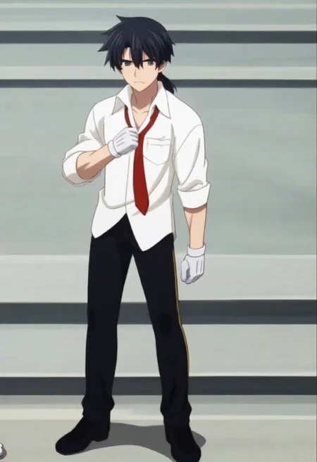 ((masterpiece)), ((best quality)), ((ultra-detailed)), ((absurdres)), score_9_up, score_8_up, score_7_up,
HD, top quality, best quality, amazing quality, High-quality illustrations, anime screencap, source_anime, best aesthetic, perfect proportions, perfect eyes, 1boy, 1male, solo boy, solo male, Anime, boy, male anime character, anime boy, handsome, attractive, cute, charming, sexy, hot, tall, tall height, tall body, Glenn Radars, gray-black hair, ponytail, gray-black eyes, white shirt, rolled sleeves, long red necktie, white gloves, black pants, black shoes, full body shot, head to feet shot