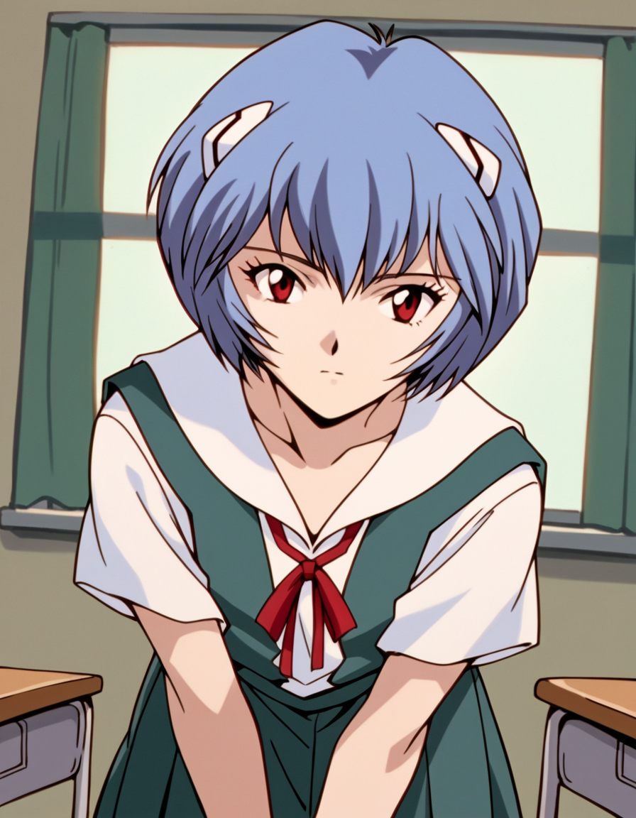 score_9, score_8_up, score_7_up, source_anime,
reiayanami,  <lora:rei-ayanami-classic-ponyxl-lora-nochekaiser:1>,
rei ayanami, ayanami rei, blue hair, short hair, red eyes,
skirt, shirt, ribbon, school uniform, white shirt, short sleeves, red ribbon, neck ribbon, tokyo-3 middle school uniform,
classroom, bent over,
cowboy shot, looking at viewer, solo, dutch angle,