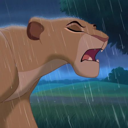 day, fangs, tree, grass, Closed eyes, Lioness, , blue sky, rain, tongue out, open mouth